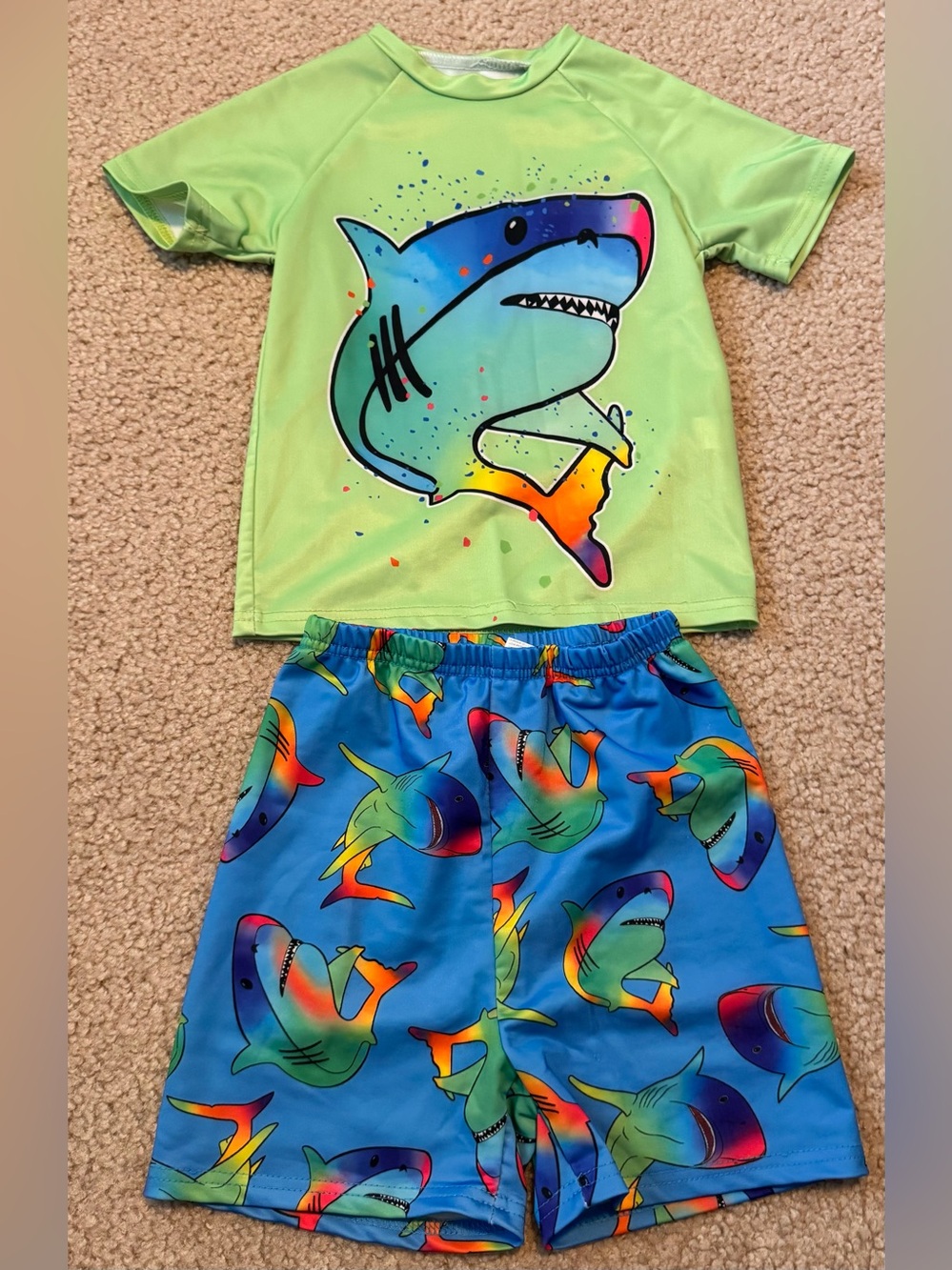 Kids' Lime & Blue Shark Swim Trunks Set